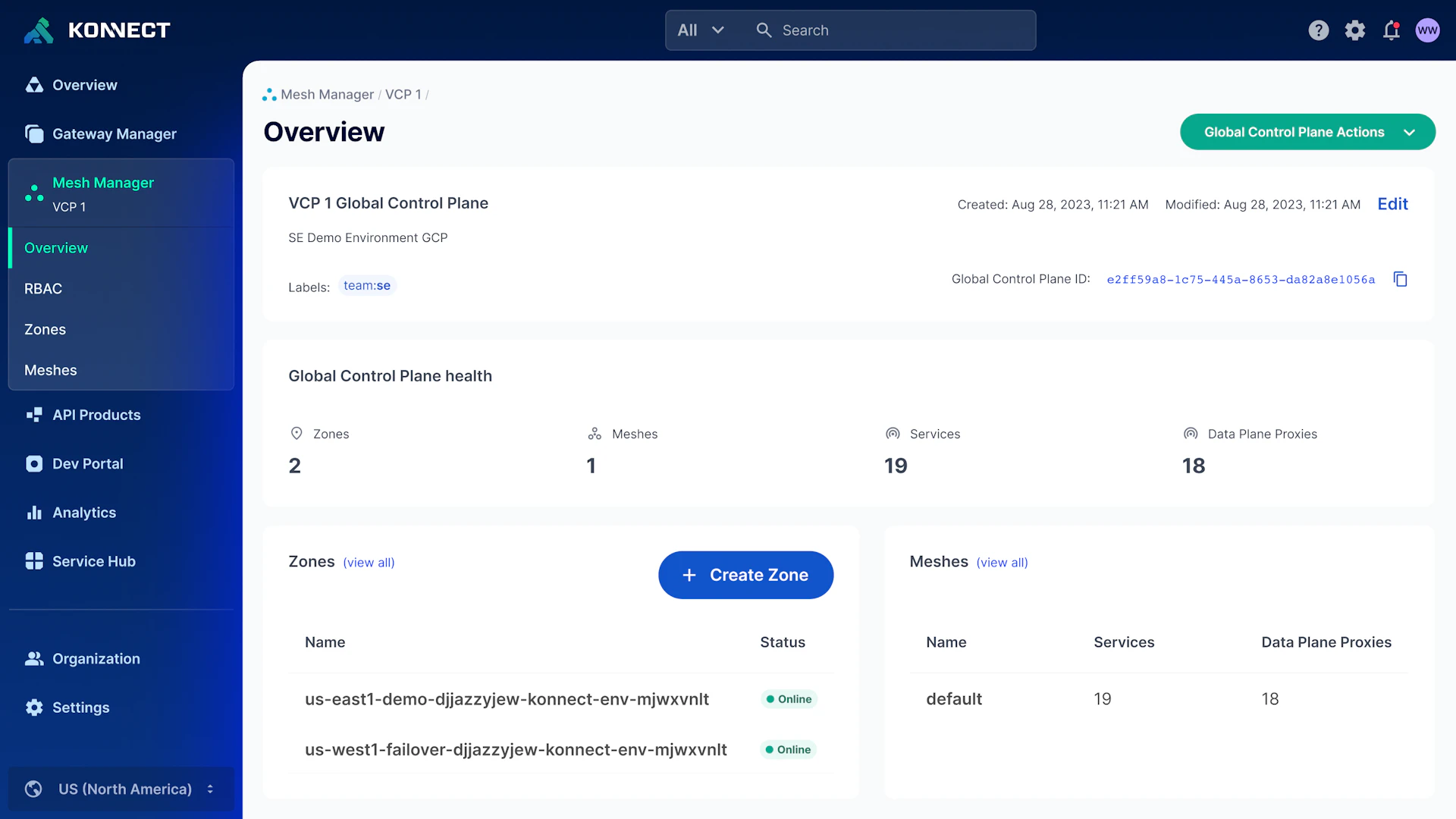 Kong Mesh dashboard - Mesh manager screen