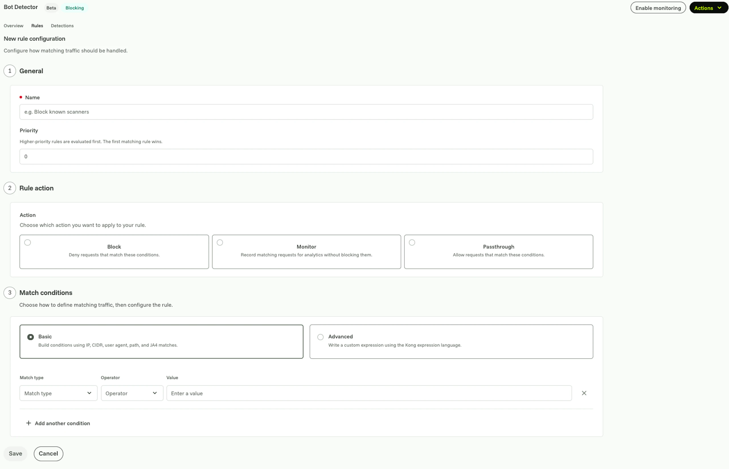 Kong Bot Detector 'New rule configuration' form for defining custom bot rules.